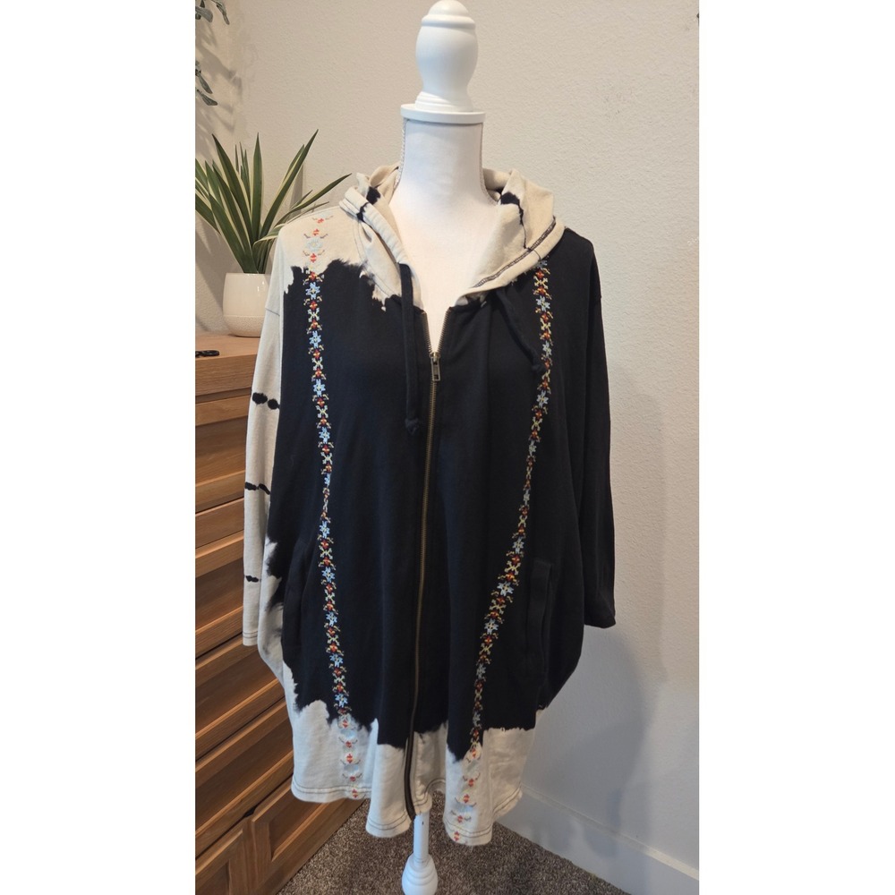 Anama Embroidered Zip Hoodie Oversized Cotton Black Cream Boho M/Large Oversized
